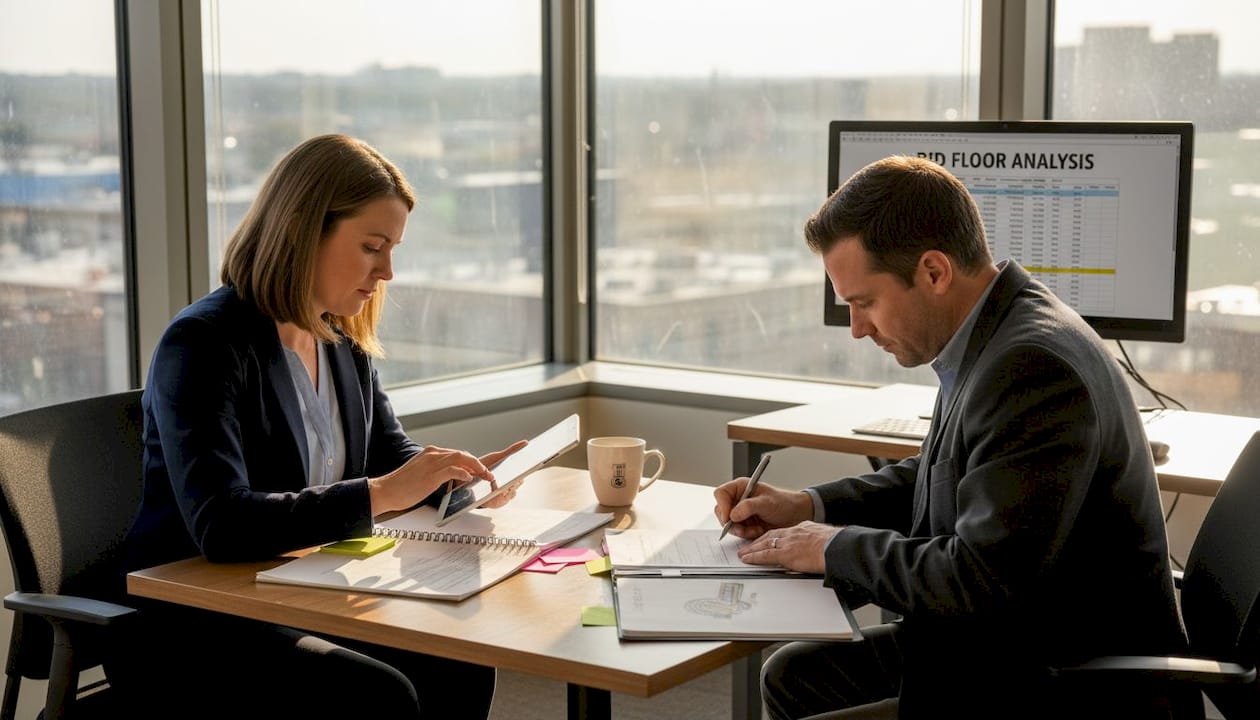 Professionals negotiating auction bid terms