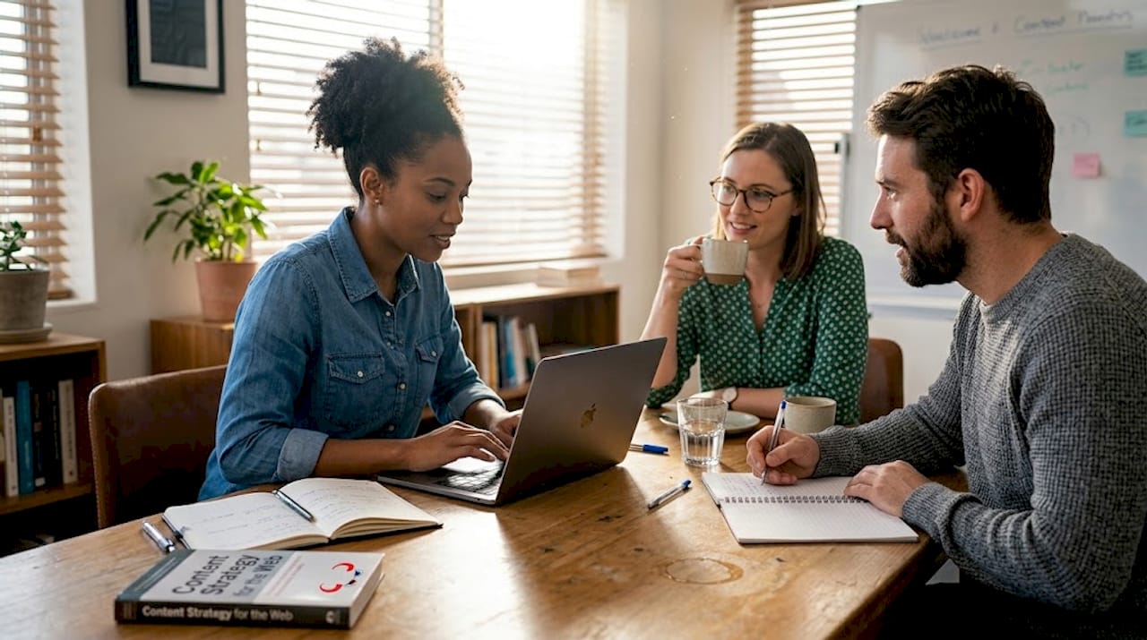 Team planning content strategy around table