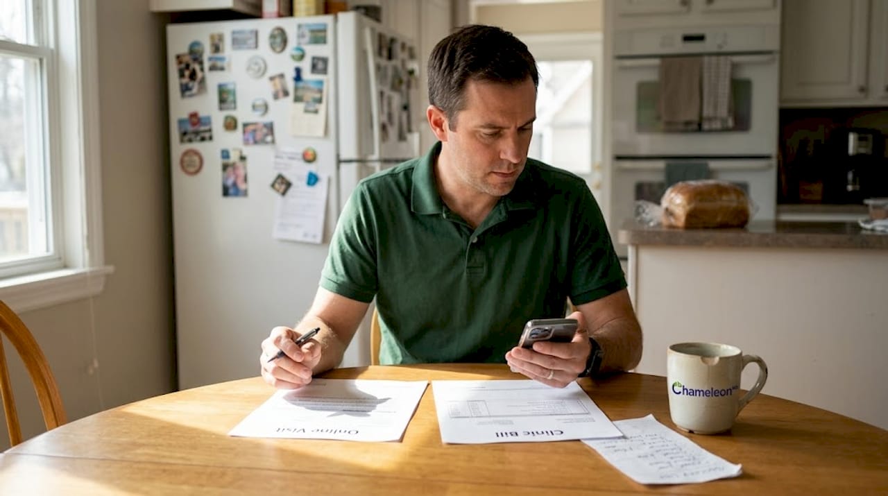 Man comparing online and clinic visit costs
