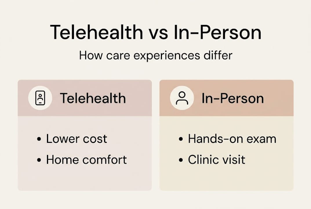 Infographic comparing telehealth to in-person care