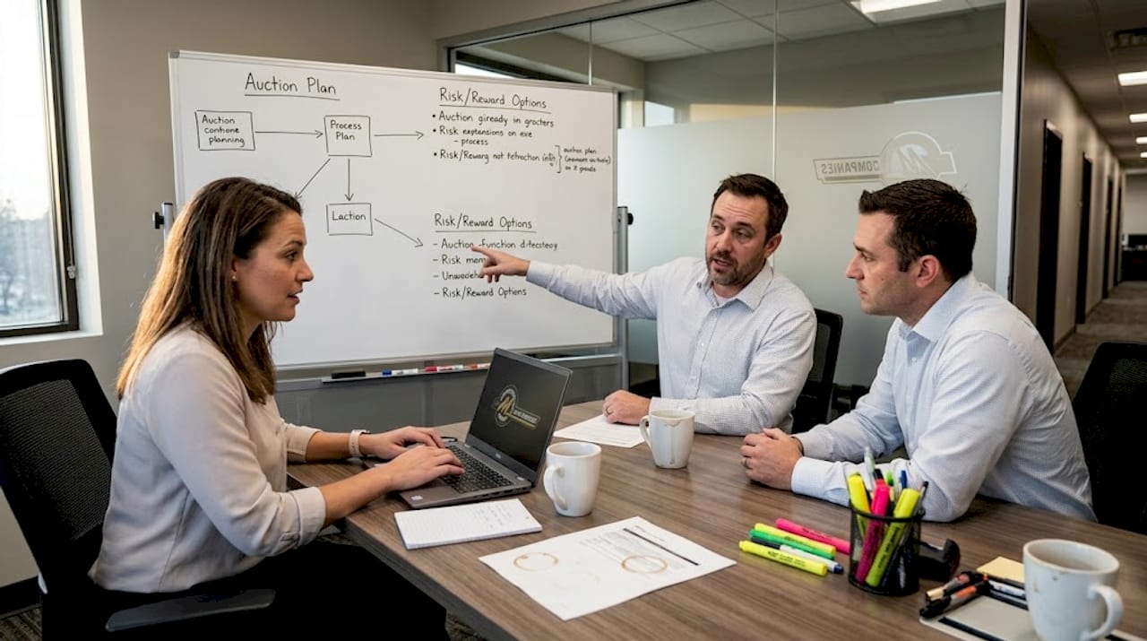 Team discusses auction recovery at meeting table
