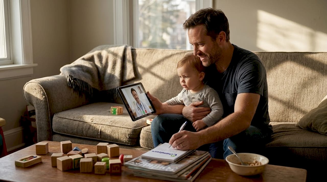Father and child in living room virtual doctor call