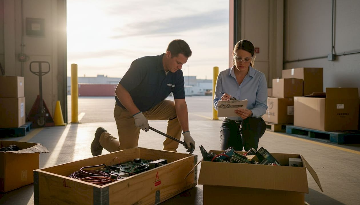 Specialists sorting surplus items on loading dock