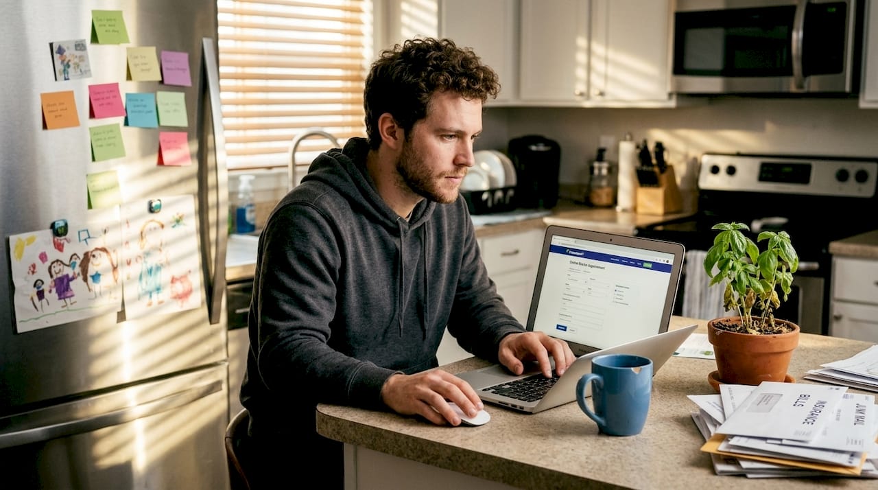 Man booking telehealth visit from kitchen counter