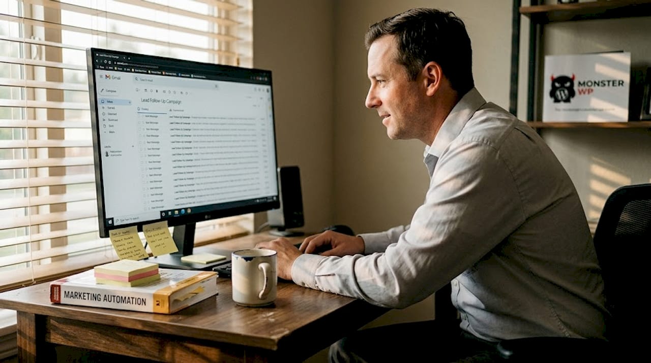 Consultant manages email automation in home office