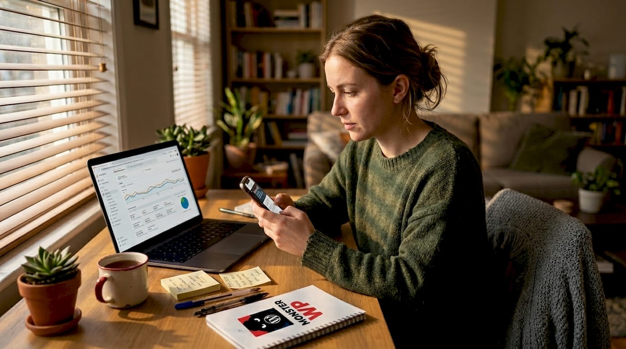 Woman testing website on phone in home