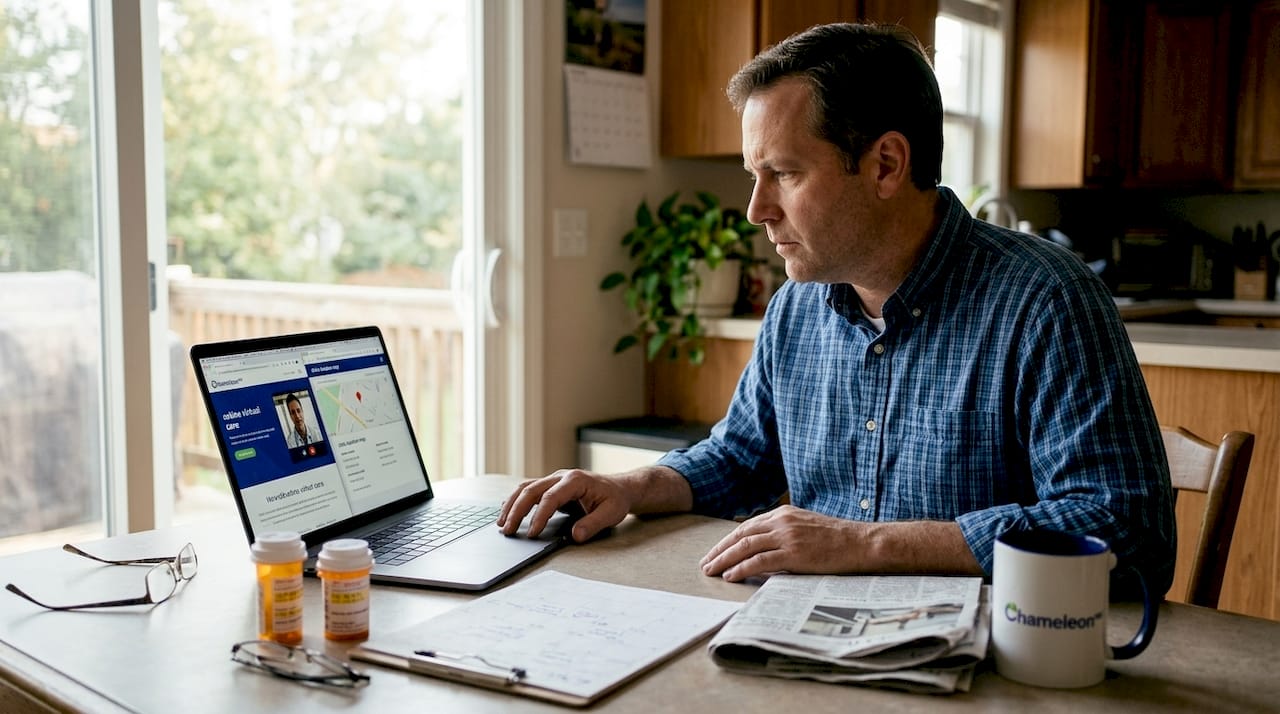 Man reviewing virtual vs traditional care