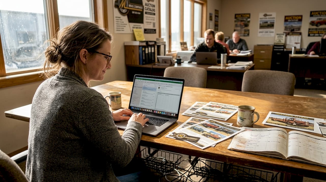 Marketer prepares auction outreach at shared table