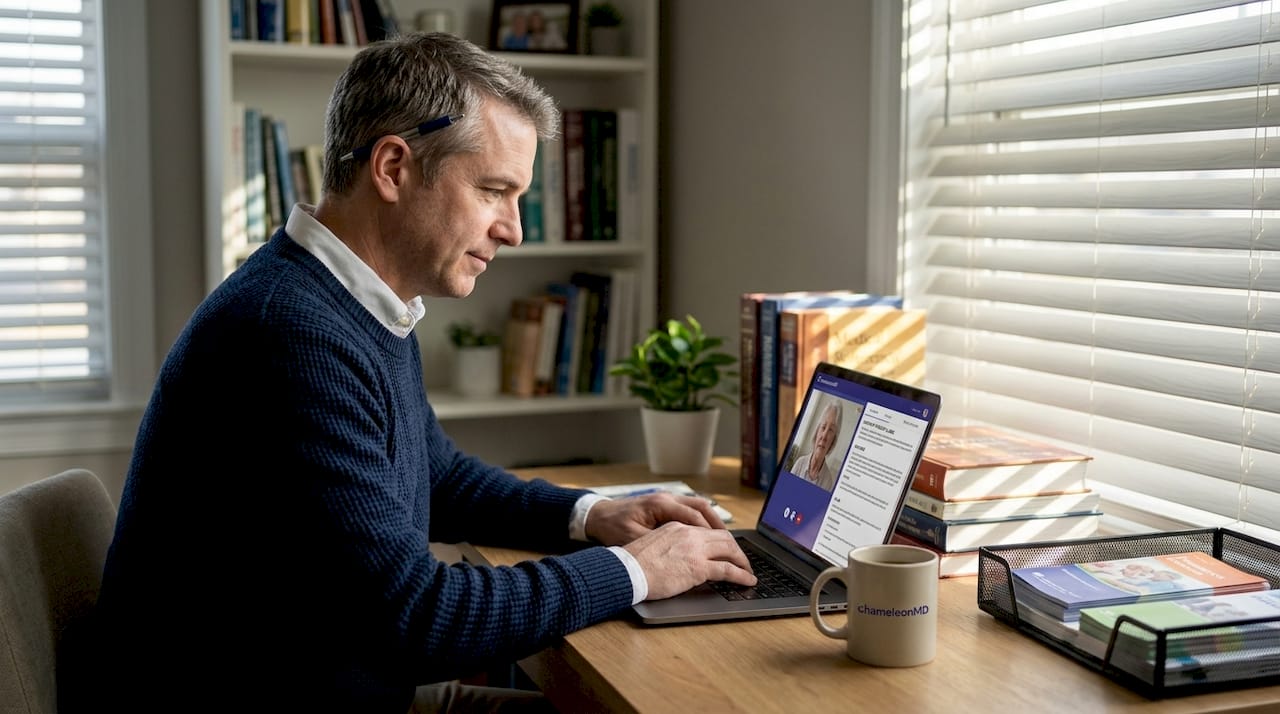 Family physician running telehealth consult home