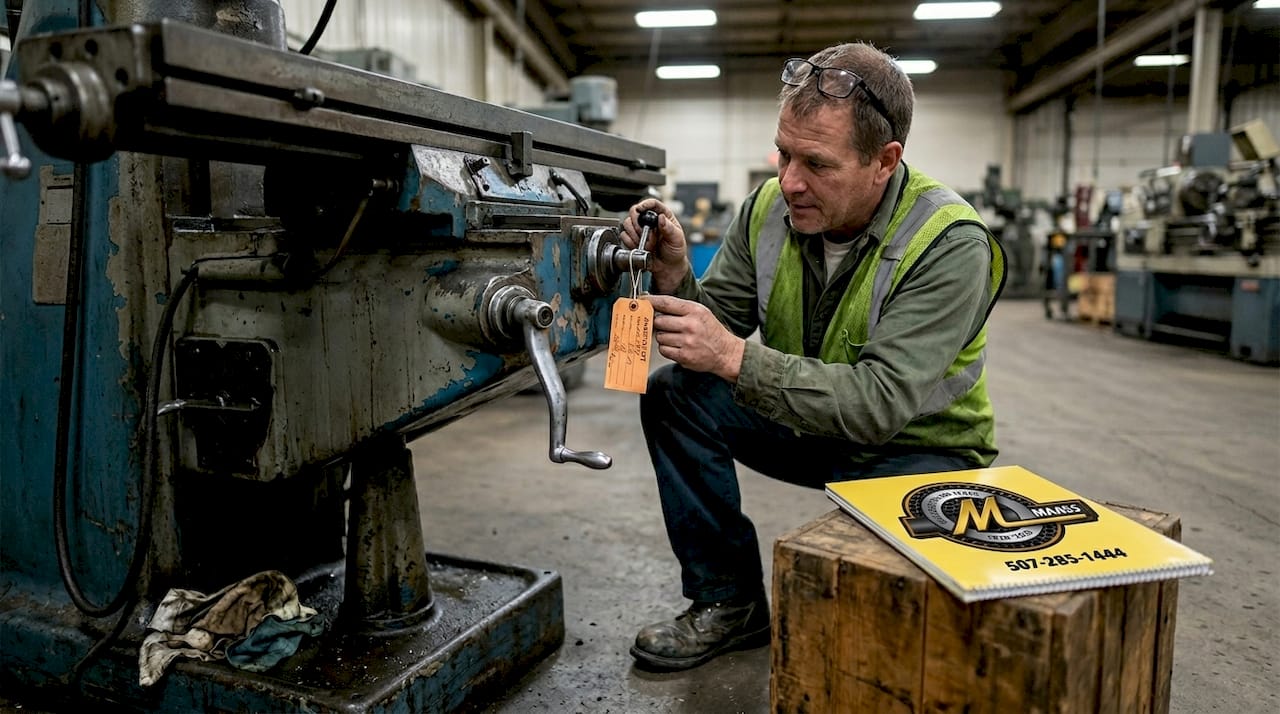 Buyer inspecting used machinery at factory auction