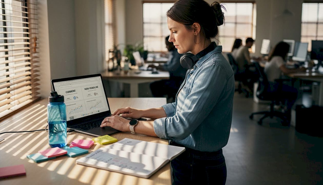 Marketer reviewing website update on messy desk