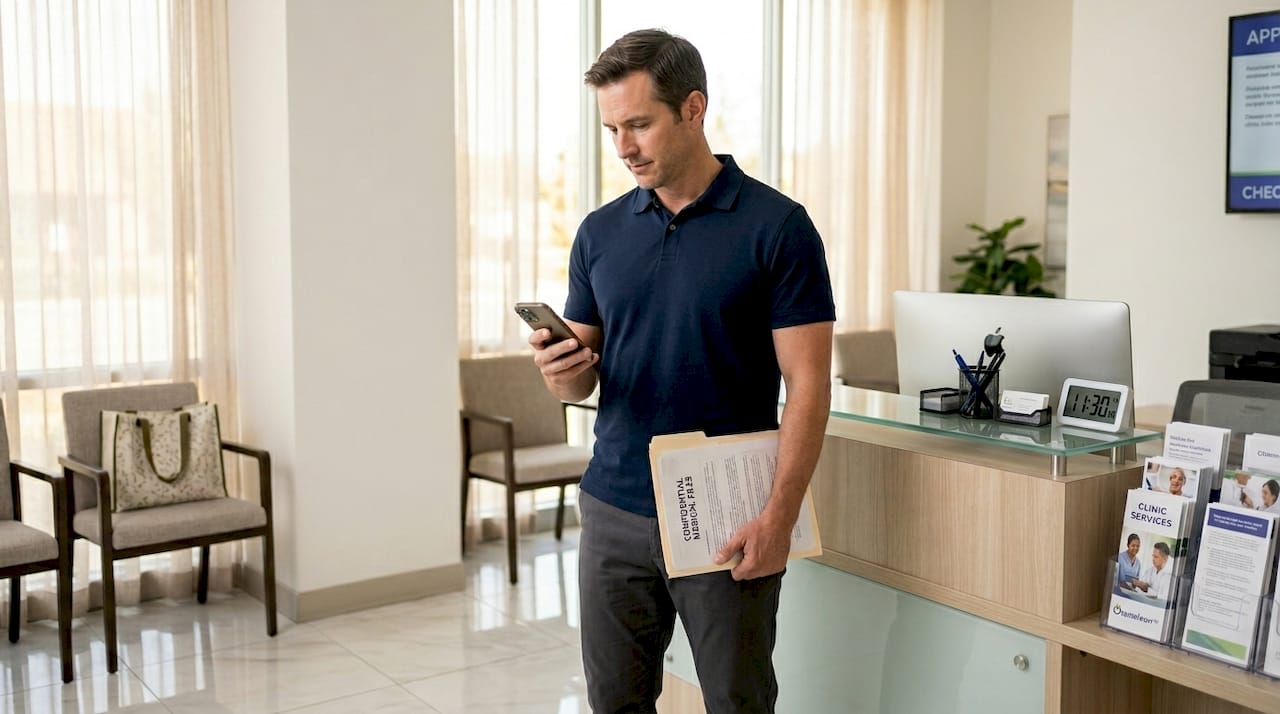 Man prepares documents for clinic appointment