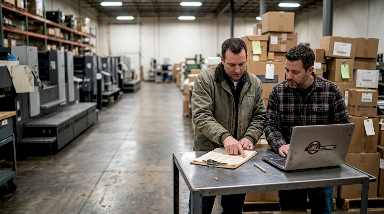 Supervisors preparing machinery for auction