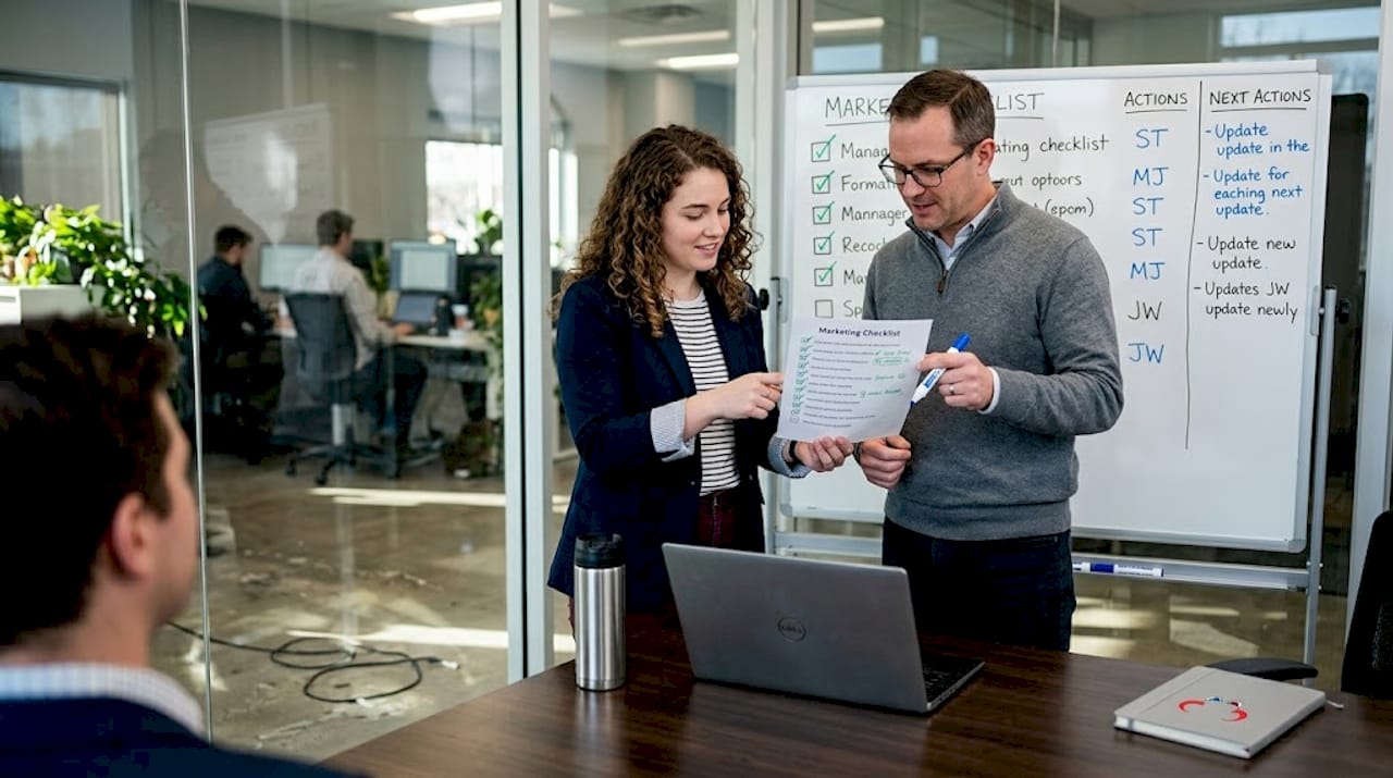 Team collaborates on marketing checklist updates