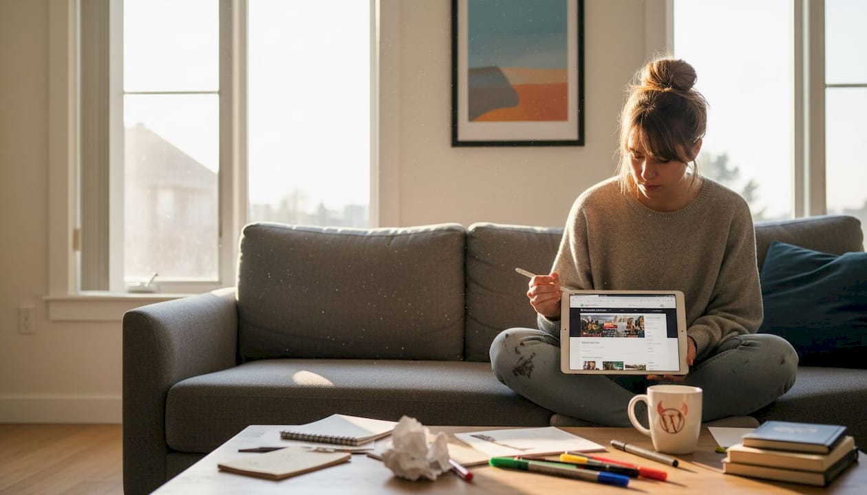 Web designer editing landing page on tablet