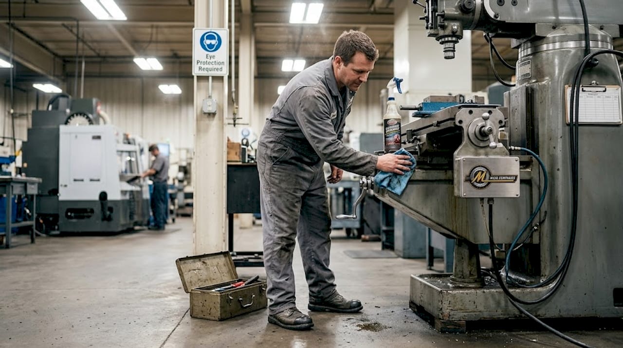 Technician cleaning milling machine for sale prep