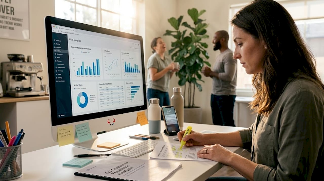 Professional analyzing customer engagement workspace