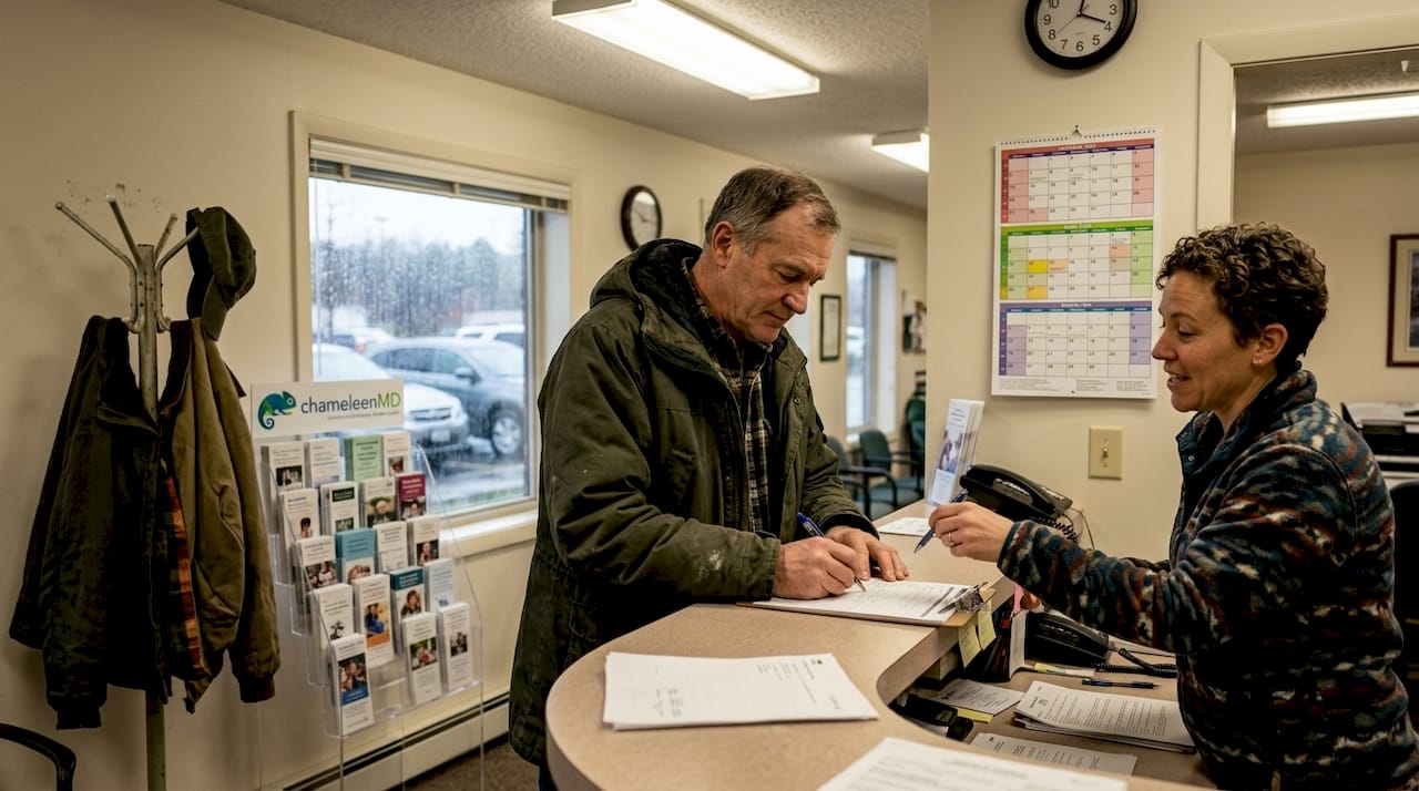 Patient signing in at community health clinic