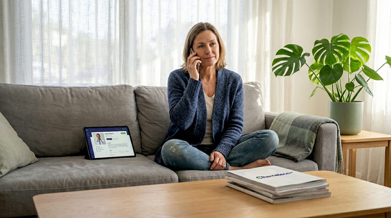 Woman calls healthcare provider from home couch