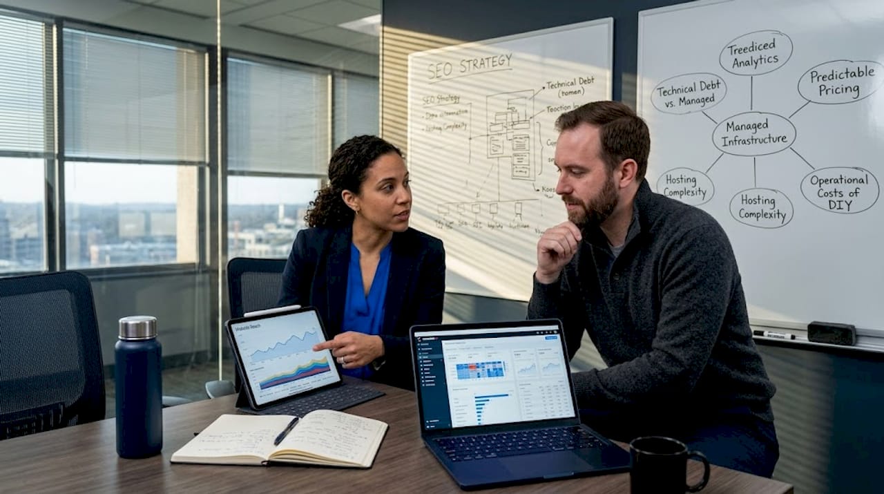 Coworkers review web analytics together