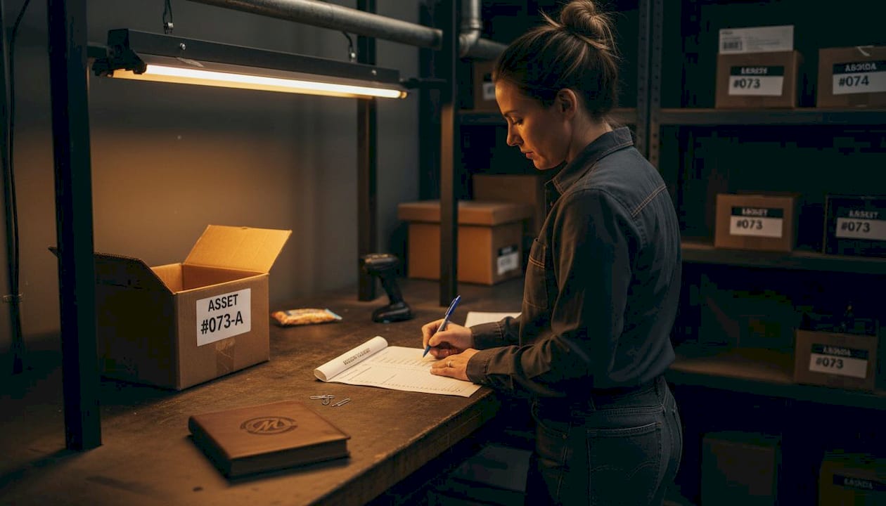 Woman checking auction readiness list in warehouse office