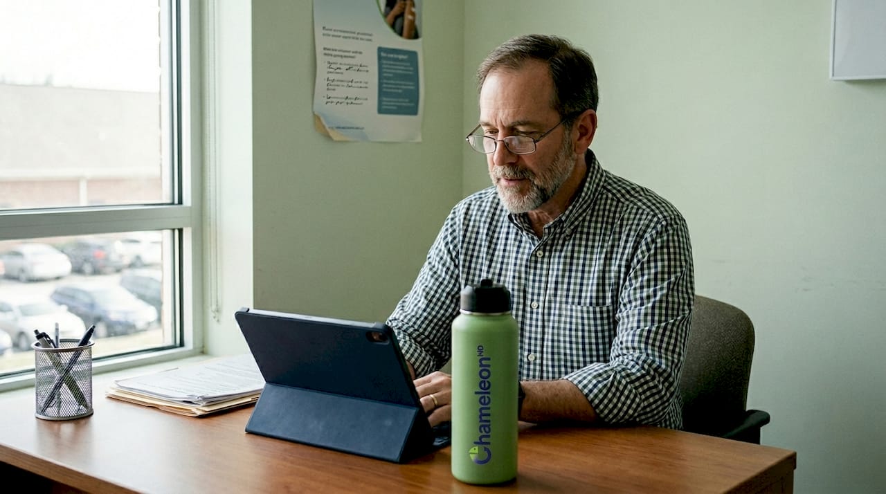 Patient uses telehealth at community clinic desk