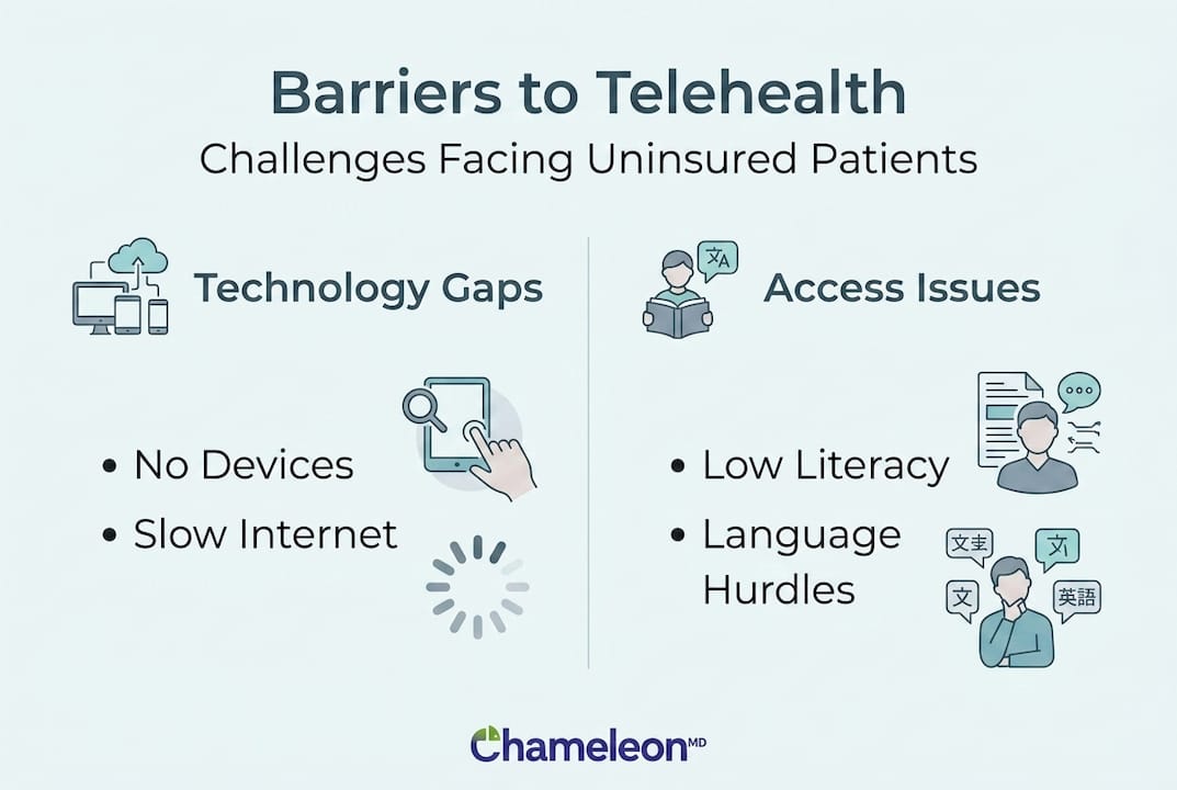 Infographic showing barriers to telehealth for uninsured