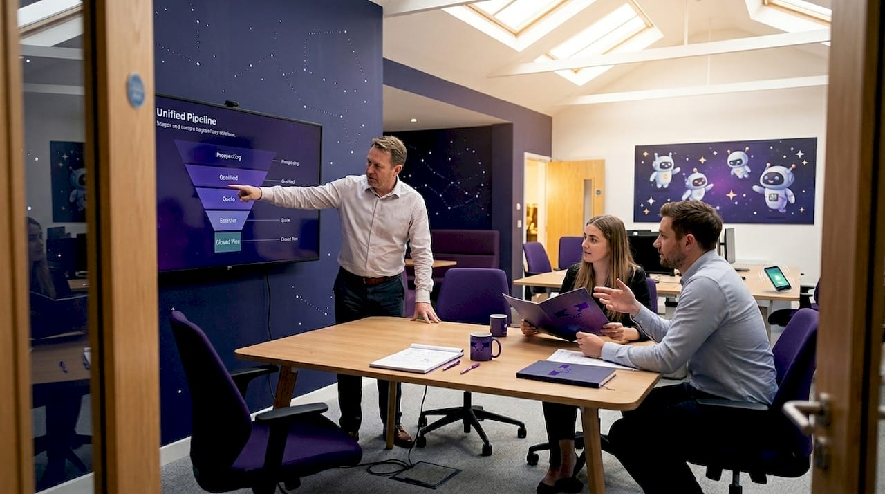 Sales manager guiding unified workflow meeting