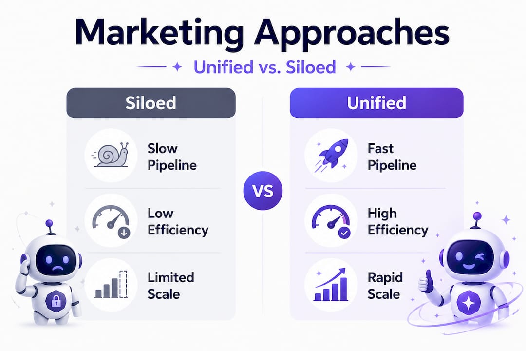Infographic contrasting siloed and unified marketing outcomes