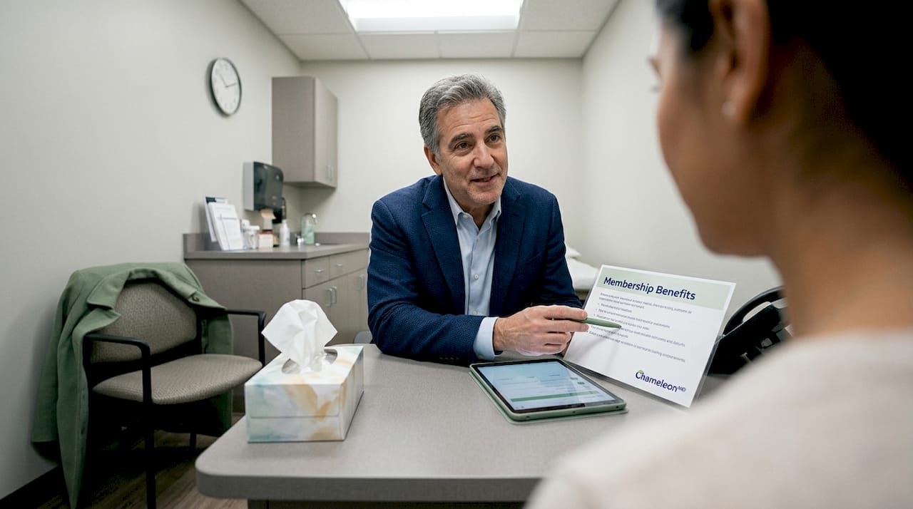 Doctor reviewing healthcare membership details