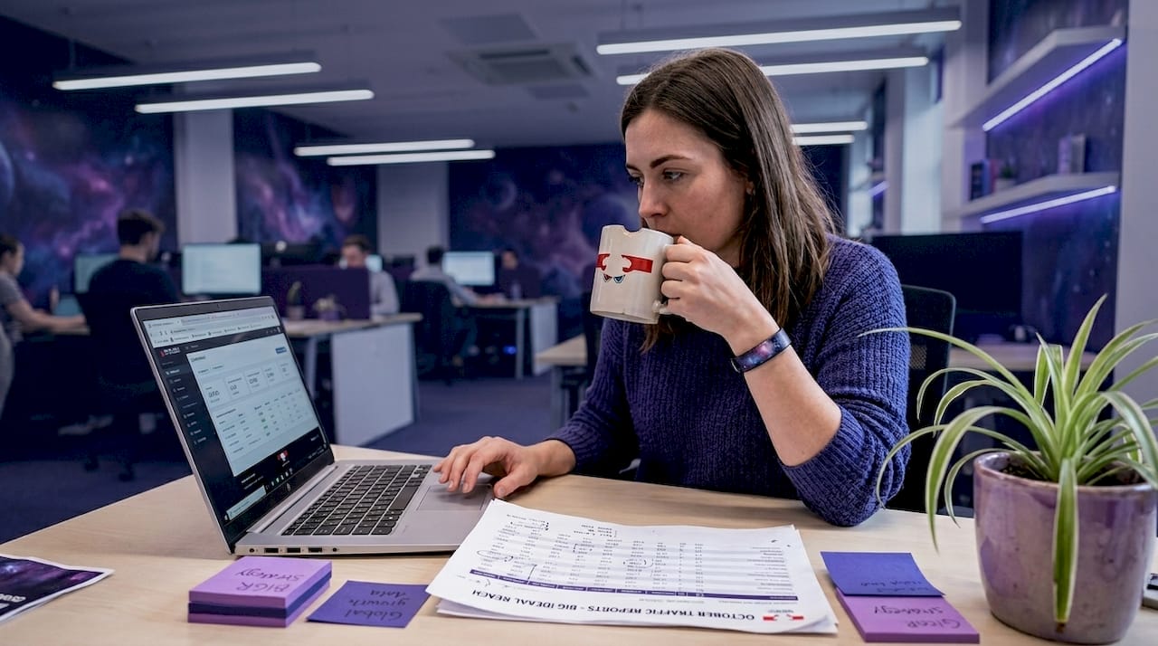 Woman analyzing SEO results in workspace