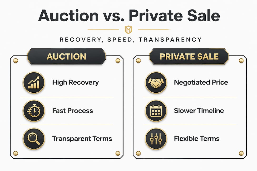 Infographic contrasting auction and private sale benefits