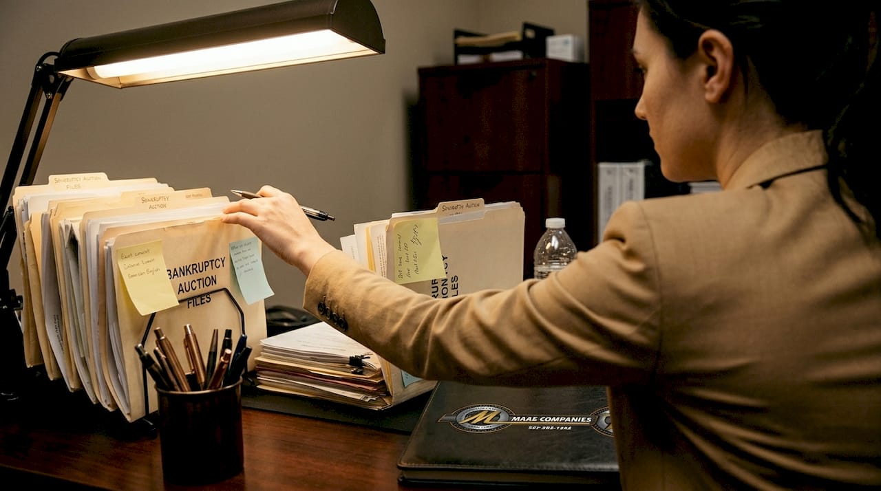 Paralegal reviewing bankruptcy auction files at desk
