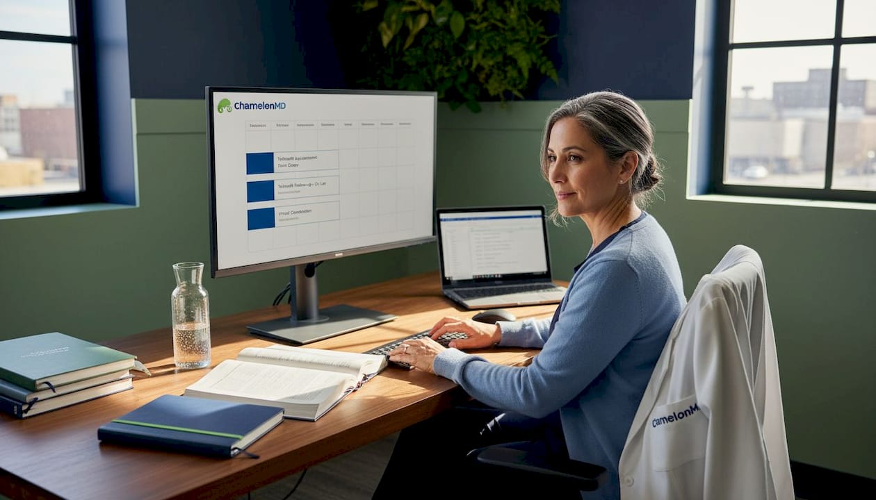 Doctor reviewing telehealth appointments in office