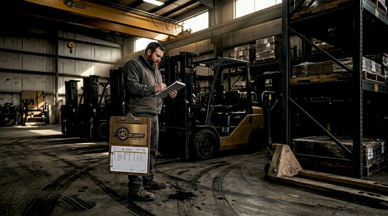 Foreman reviewing surplus forklifts and crane