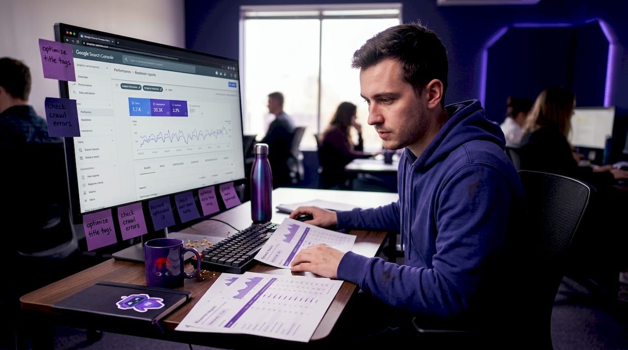 SEO analyst checking keyword performance at desk
