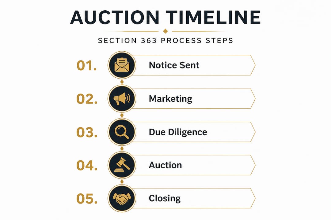 Infographic illustrating Section 363 auction timeline