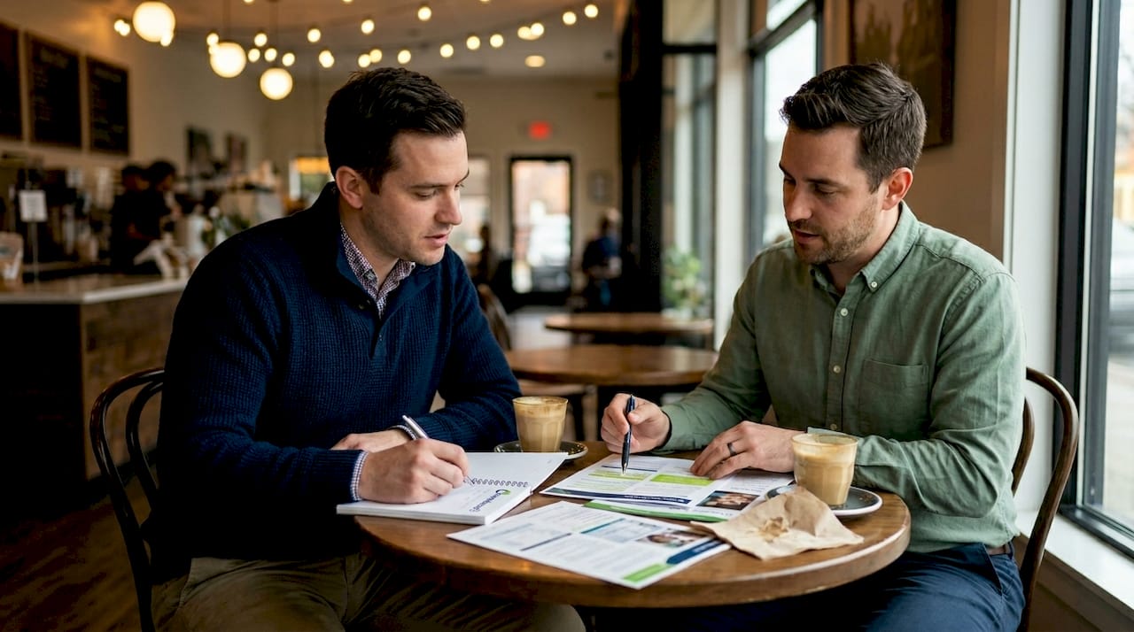Men reviewing insurance options in café