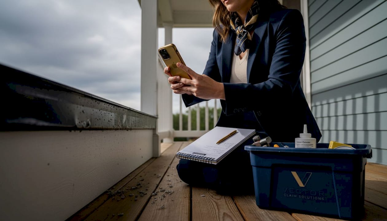 Woman photographing hail-damaged gutter for records