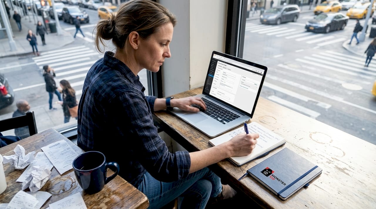 Contractor checking business listings at café table