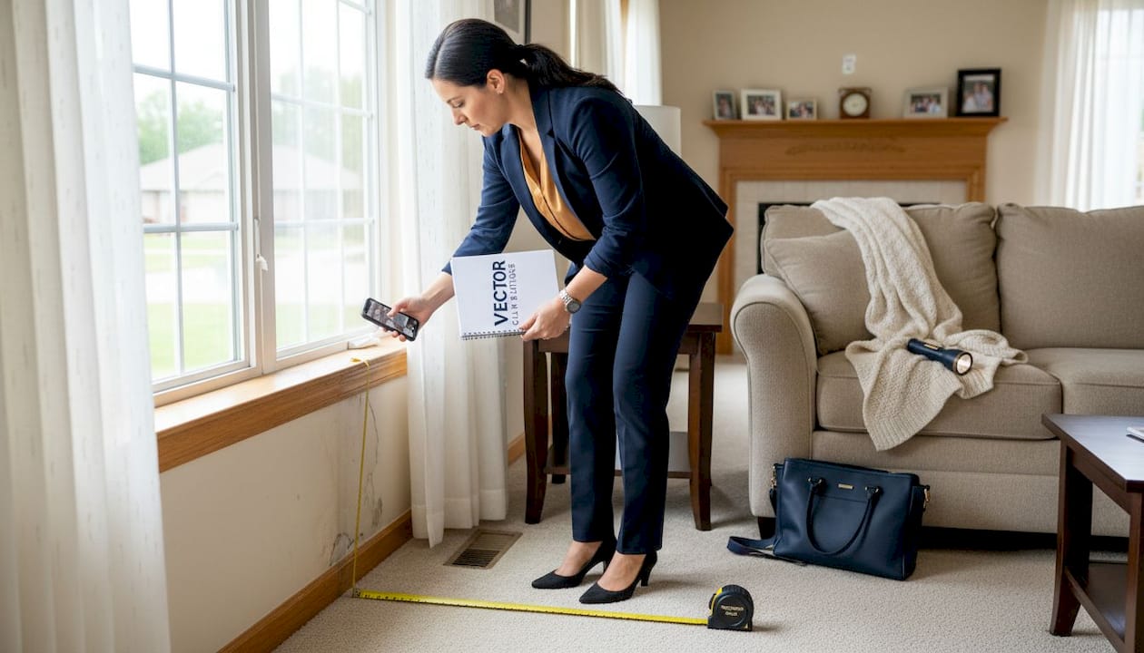 Insurance adjuster documenting home water damage