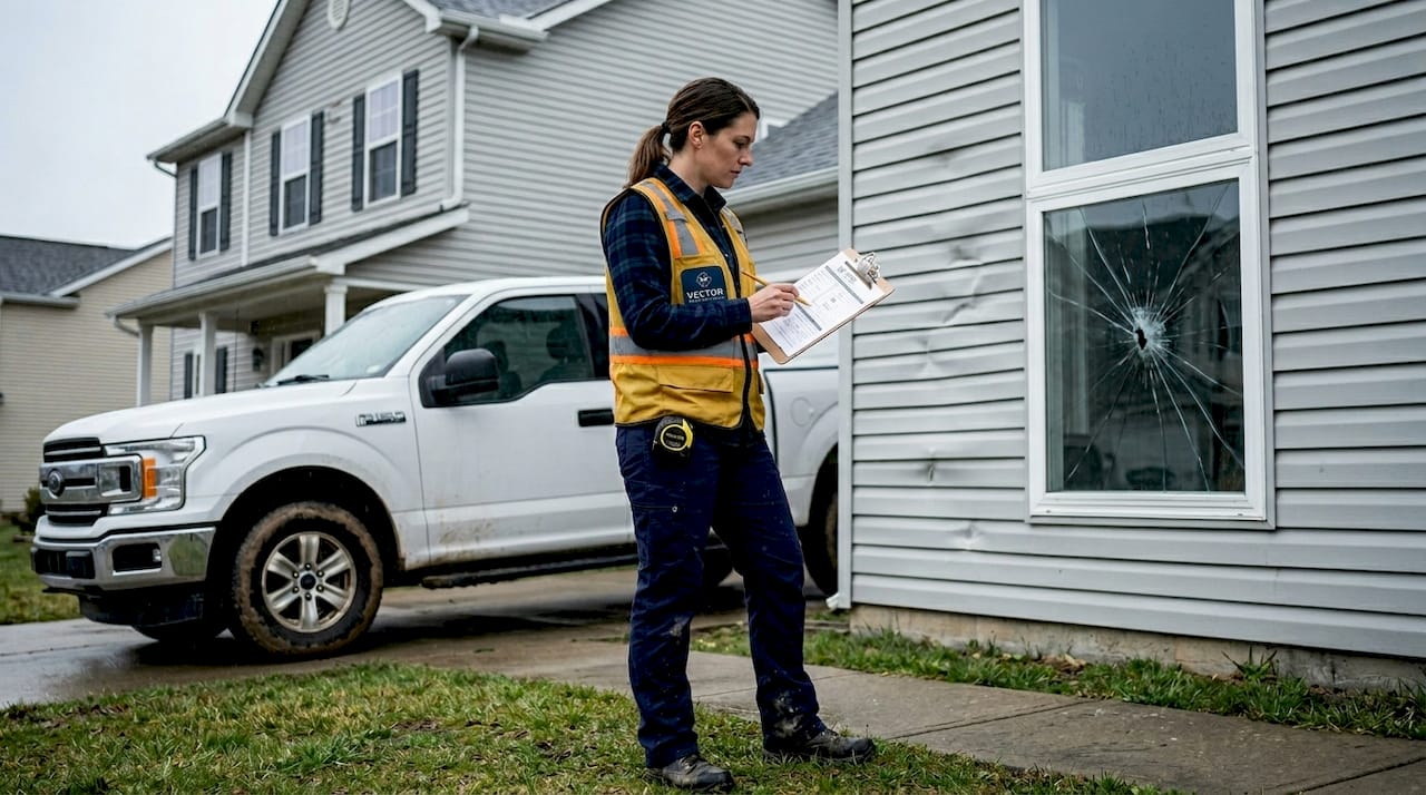 Contractor assessing storm damaged house exterior