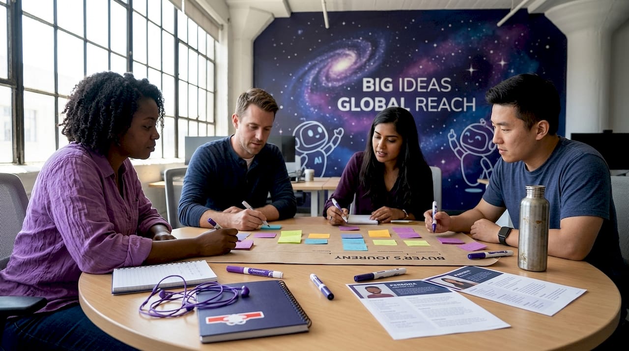 Marketing team mapping buyer journey with notes