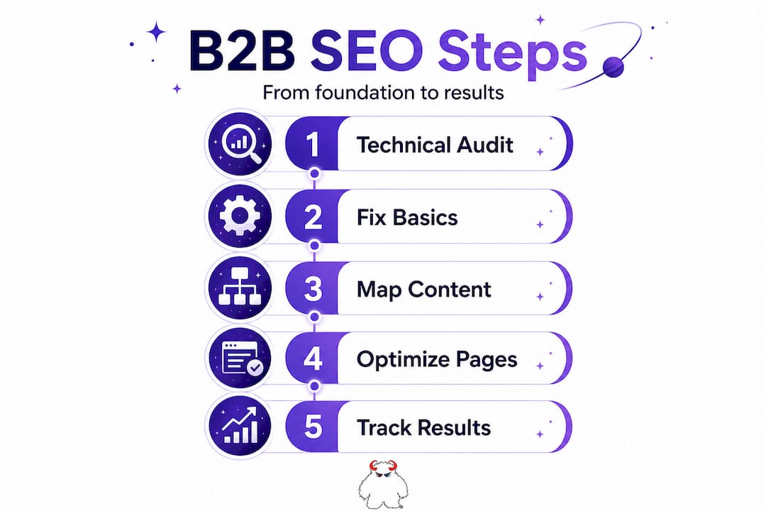 Infographic shows B2B SEO steps in process flow