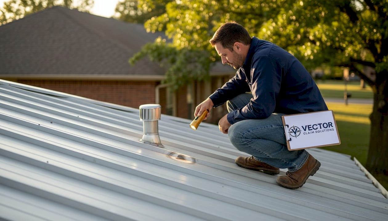 Contractor examining dent in metal roof