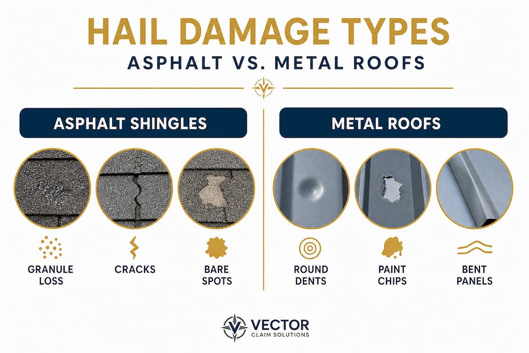 Infographic comparing hail damage on asphalt and metal roofs