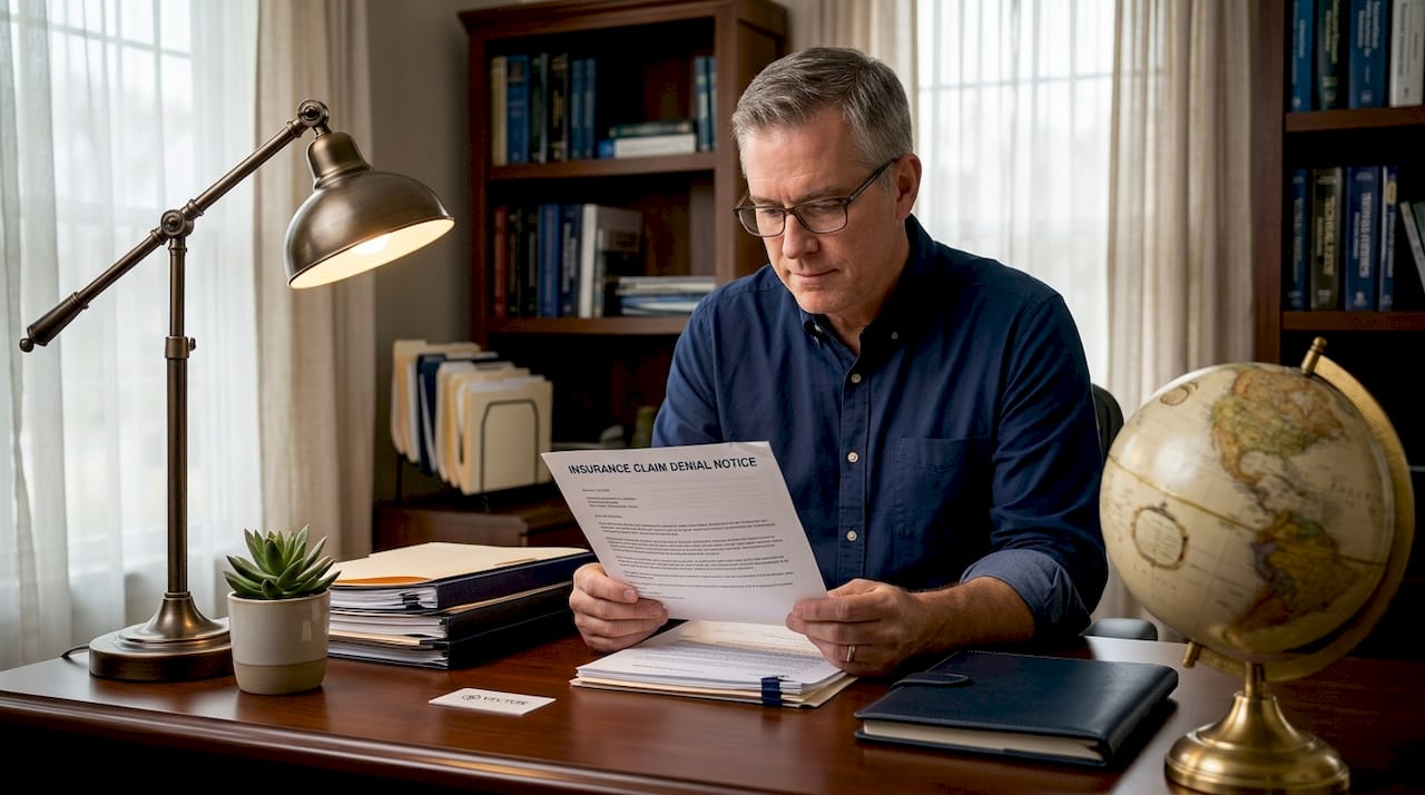 Man reading insurance denial letter in hallway