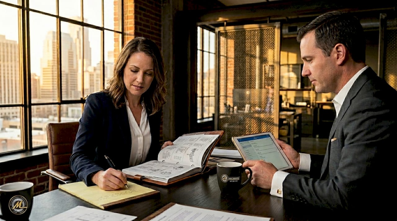 Valuation expert and attorney examining asset lists