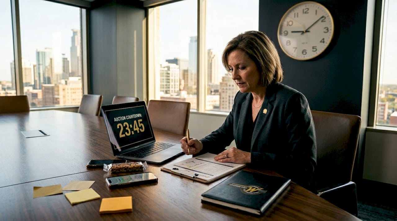 Manager reviews checklist before auction deadline
