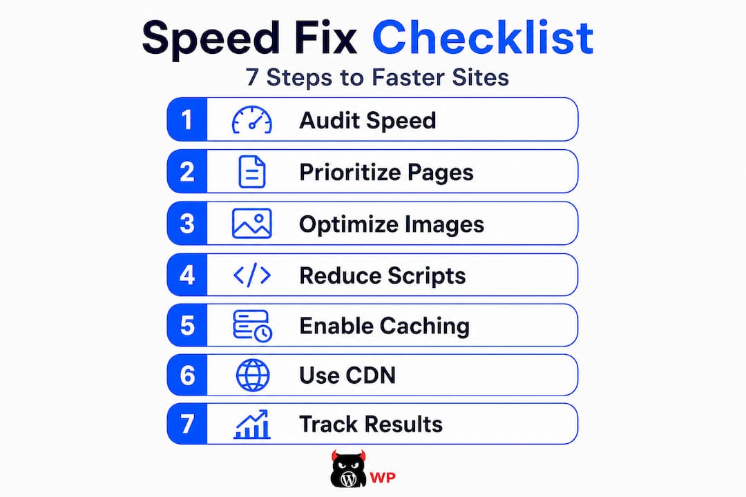 Infographic with 7 steps to improve website speed